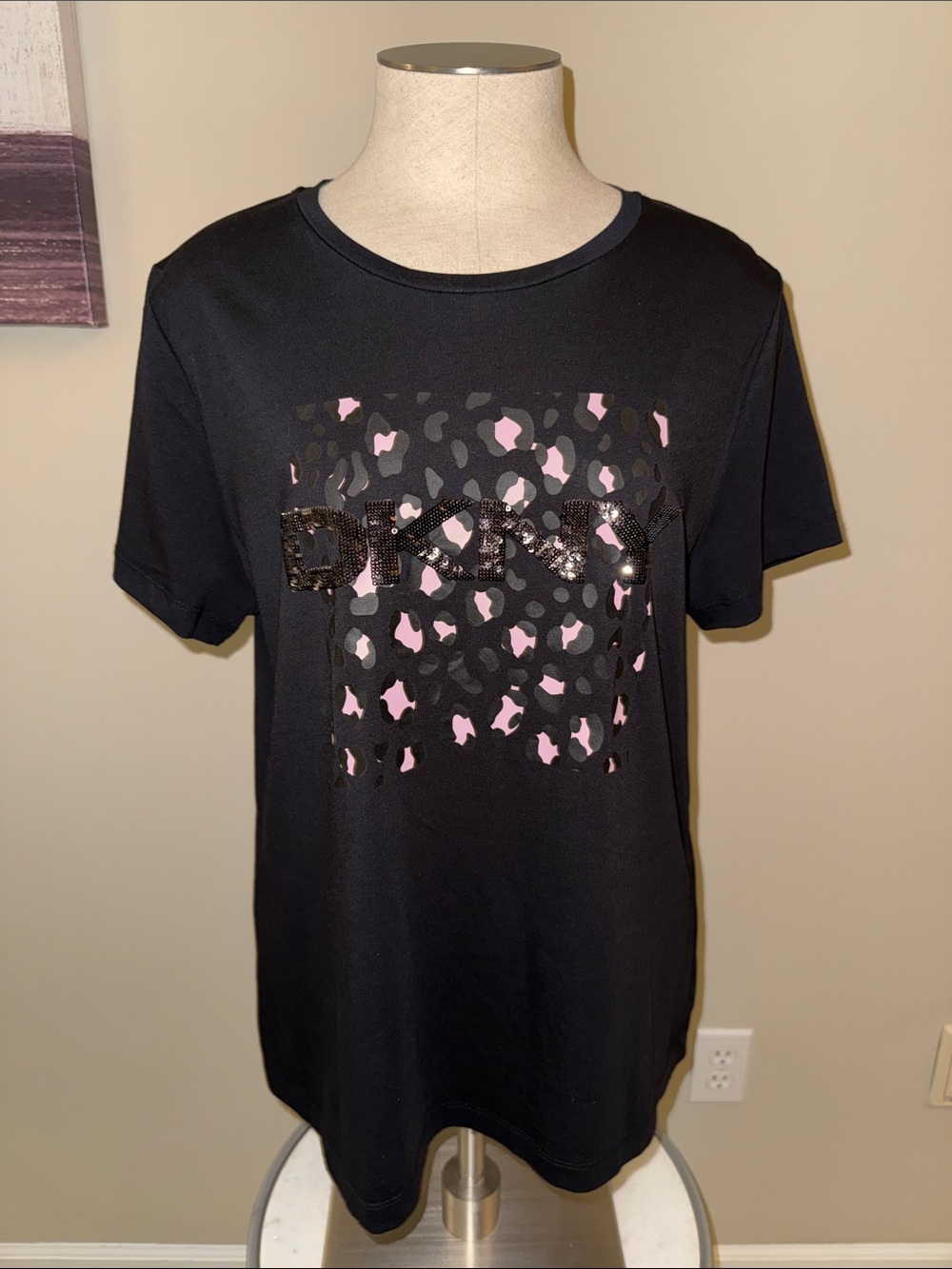 DKNY Black Short Sleeve Tee with Pink Leopard Square